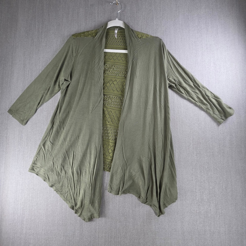 Studio 226 Cardigan Women XL Green Crochet Lace Back Open Front Sharkbite Hem